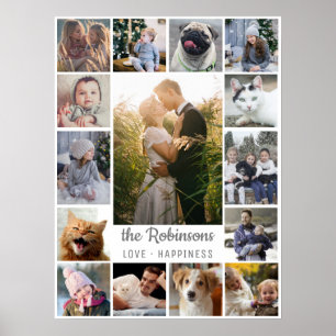 Family Photo Collage 15 Bilder + Namn Grått White Poster