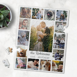 Family Photo Collage 15 Bilder + Namn White Easy Pussel