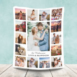 Family Photo Collage 15 Bilder   Namn White Fleecefilt<br><div class="desc">Fira dina familjeminnen eller bröllop minnen med den här vackra fotofilten! I den här designen ingår ett stort foto för det centrala lodrät och 14 kvadratbilder. Lägg till din familj namn. Ord kan också bytas ut mot Kärlek och lycka!</div>