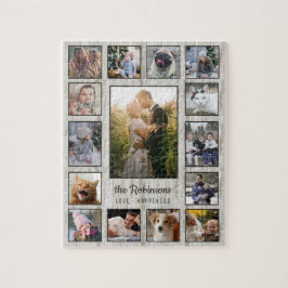 Family Photo Collage 15 Bilder Namn Wood Grain Pussel