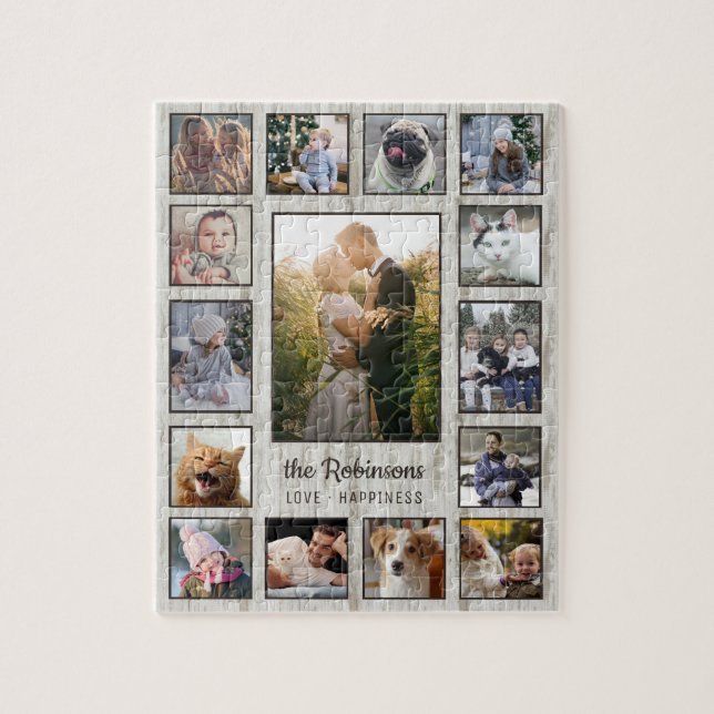 Family Photo Collage 15 Bilder Namn Wood Grain Pussel (Vertikal)