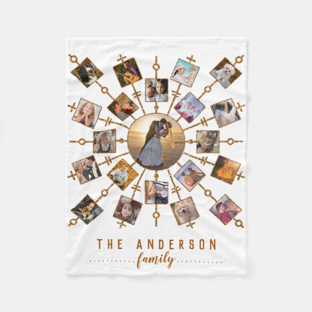 Family Photo Collage 21 Bilder White Guld + Namn Fleecefilt (Framsidan)