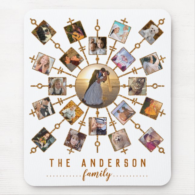 Family Photo Collage 21 Bilder White Guld + Namn Musmatta (Framsidan)