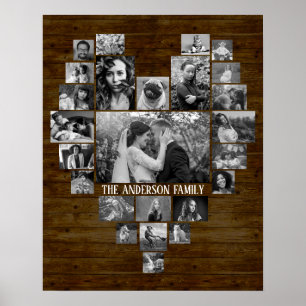 Family Photo Collage 25 B&W Heart Bilder + Namn Wo Poster
