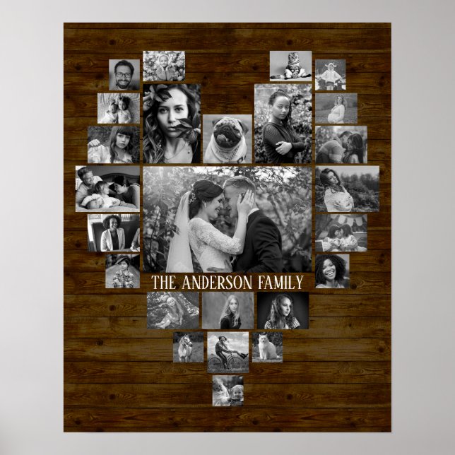 Family Photo Collage 25 B&W Heart Bilder + Namn Wo Poster (Framsidan)
