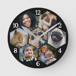Family Photo Collage 7 Anpassningsbar Black Hexago Rund Klocka