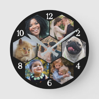 Family Photo Collage 7 Anpassningsbar Black Hexago Rund Klocka