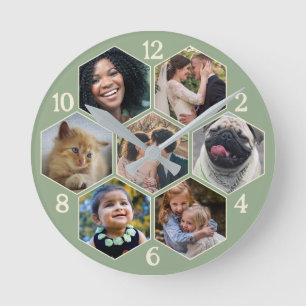Family Photo Collage 7 Anpassningsbar Sage Hexagon Rund Klocka