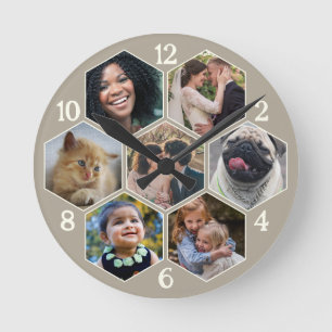 Family Photo Collage 7 Anpassningsbar Taupe Hexago Rund Klocka