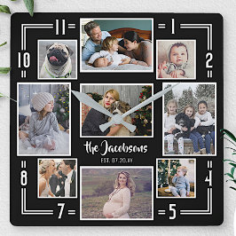 Family Photo Collage 9 Bilder Namn Black Stripe-Mo Fyrkantig Klocka