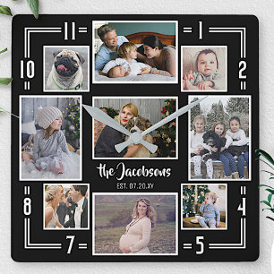 Family Photo Collage 9 Bilder Namn Black Stripe-Mo Fyrkantig Klocka