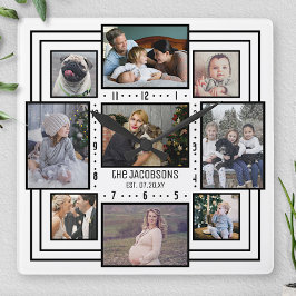 Family Photo Collage 9 Bilder Namn White Stripe Mo Fyrkantig Klocka