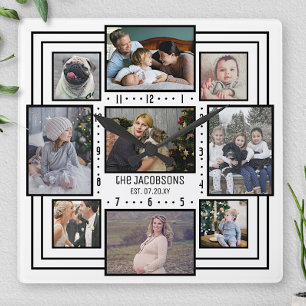 Family Photo Collage 9 Bilder Namn White Stripe Mo Fyrkantig Klocka