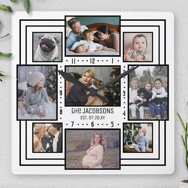 Family Photo Collage 9 Bilder Namn White Stripe Mo Fyrkantig Klocka (Skapare uppladdad)