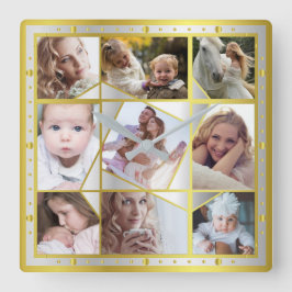 Family Photo Collage 9 Instagram Pic Guld Silver Fyrkantig Klocka