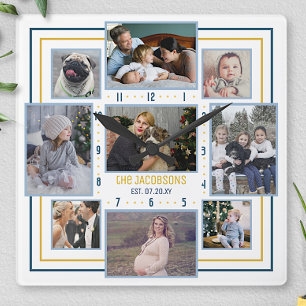 Family Photo Collage 9 Pic Namn Blue Gult Rand Fyrkantig Klocka