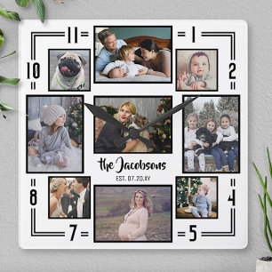 Family Photo Collage 9 Pic White Black Rand Namn Fyrkantig Klocka
