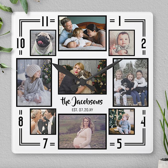 Family Photo Collage 9 Pic White Black Rand Namn Fyrkantig Klocka (Skapare uppladdad)