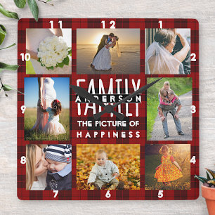 Family Photo Collage Add Namn 8 Bild Red Play Fyrkantig Klocka
