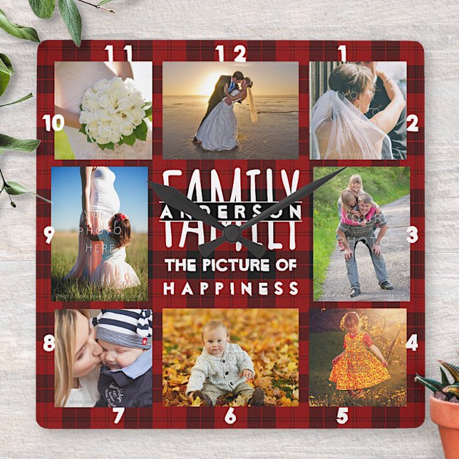 Family Photo Collage Add Namn 8 Bild Red Play Fyrkantig Klocka (Skapare uppladdad)