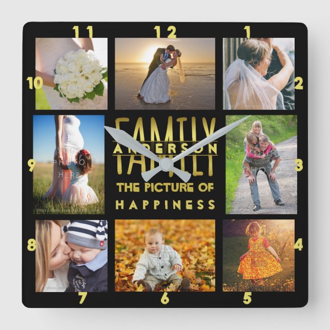 Family Photo Collage Add Namn Template Guld Black Fyrkantig Klocka (Framsida)