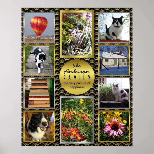Family Photo Collage | Anpassningsbarna Black Guld Poster (Framsidan)
