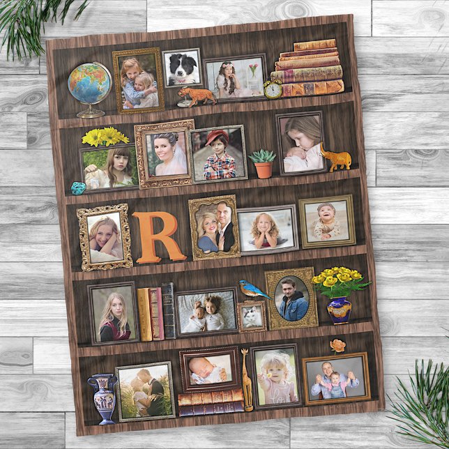 Family Photo Collage Antique Bookcase-Personlig Fleecefilt (Skapare uppladdad)