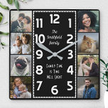 Family Photo Collage Black and White Art Deco Easy Fyrkantig Klocka<br><div class="desc">Använd den här enkla mallen för att göra en egen personlig fotokollage-klocka. Den här fyrkantiga, klassbara klockan har vita siffror som är inbäddade i mitten i en rektangel med deco-stil och en vanlig svart bakgrund som du kan "anpassa" till spelar ingen roll bilder eller färg som du vill ha. Längs...</div>