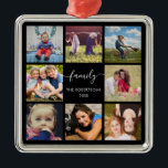 Family Photo Collage Black Anpassningsbar Ceramic  Julgransprydnad Metall<br><div class="desc">Lägg till 8 av dina favoritfoton till vårt klassiska,  svarta fotoornament för elegant. Lägg till ditt namn och året under familjen ord.</div>