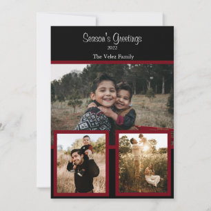 Family Photo Collage Black Burgundy White Script H Julkort