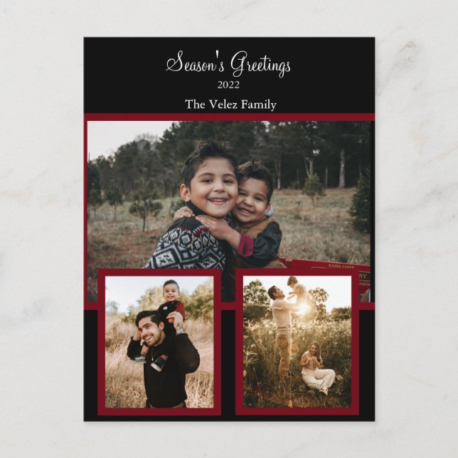 Family Photo Collage Black Burgundy White Script Helg Vykort (Framsida)