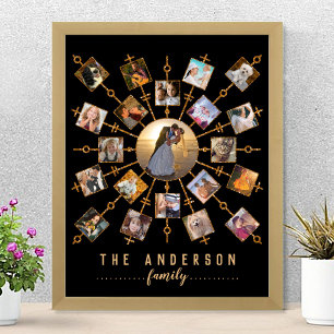 Family Photo Collage Black Guld + Namn 21 Bilder Poster