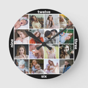 Family Photo Collage Black Mod 16 Instagram Pic Rund Klocka