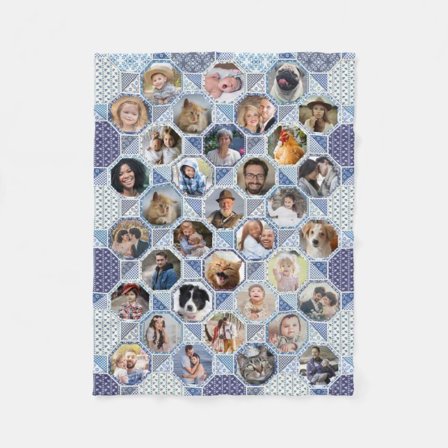 Family Photo Collage Blue Quilt Titta 35 Bilder Lg Fleecefilt (Framsidan)