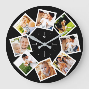Family Photo Collage Chic Black and White Stor Klocka
