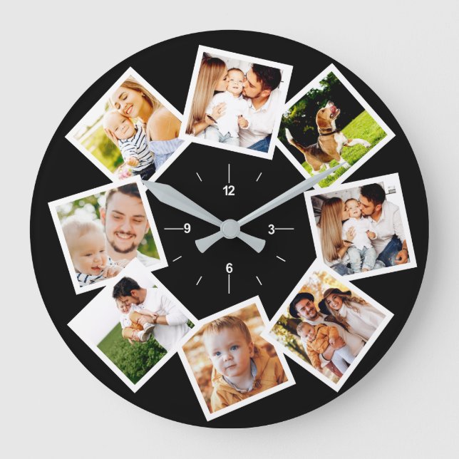 Family Photo Collage Chic Black and White Stor Klocka (Framsida)