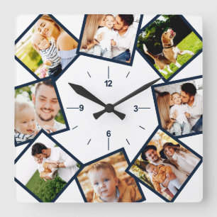 Family Photo Collage Chic Blue och White Fyrkantig Klocka