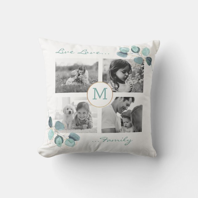 Family Photo Collage Eucalyptus Monogrammed Throw Kudde (Framsida)