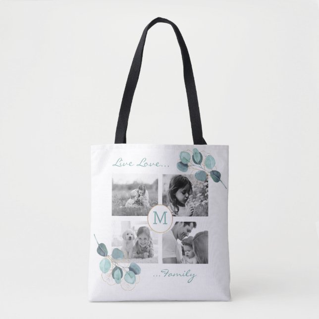 Family Photo Collage Eucalyptus Monogrammed Tote B Tygkasse (Framsida)