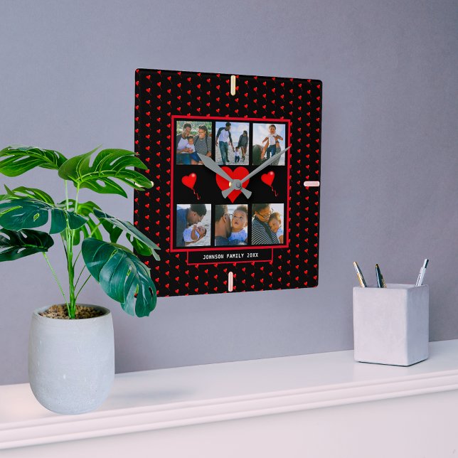 Family Photo Collage Family Heart Black Background Fyrkantig Klocka (Family Photo Collage Family Heart Black Background Square Wall )