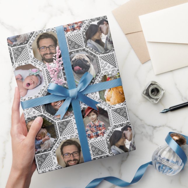 Family Photo Collage Grått Quilt Titta 28 Anpassni Presentpapper (Gifting)