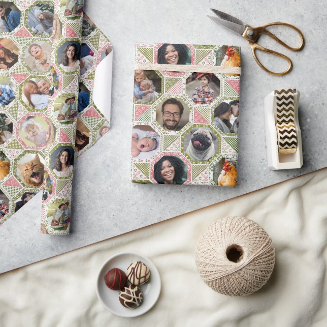 Family Photo Collage Grönt Rosa Quilt 28 Bild Presentpapper (Hantverk)