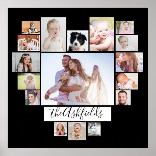 Family Photo Collage Heart 17 Bilder Black 24 x 24 Poster