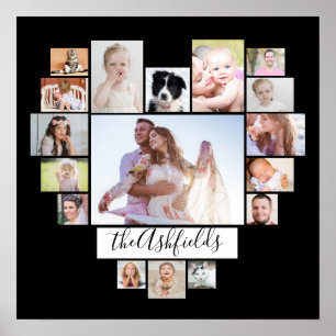 Family Photo Collage Heart 17 Bilder Namn Black Poster
