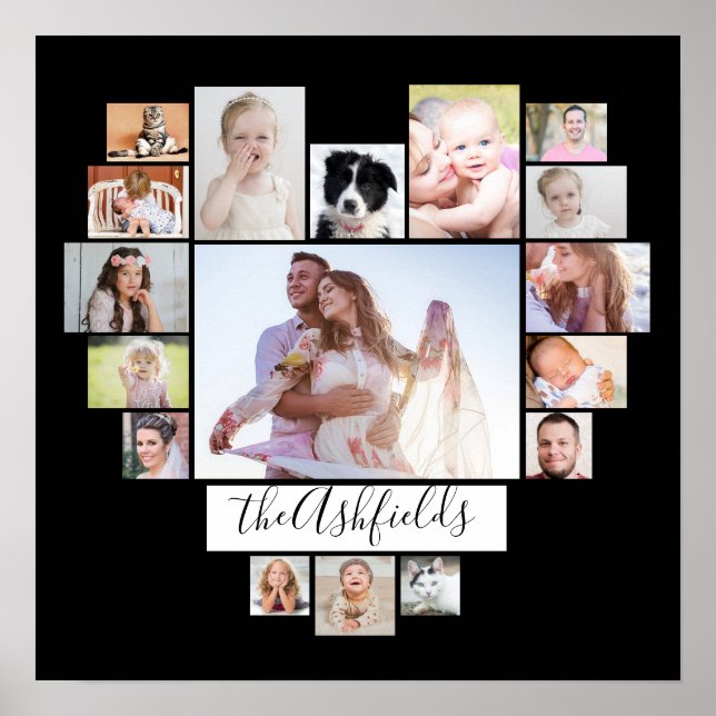 Family Photo Collage Heart 17 Bilder Namn Black Poster (Framsidan)