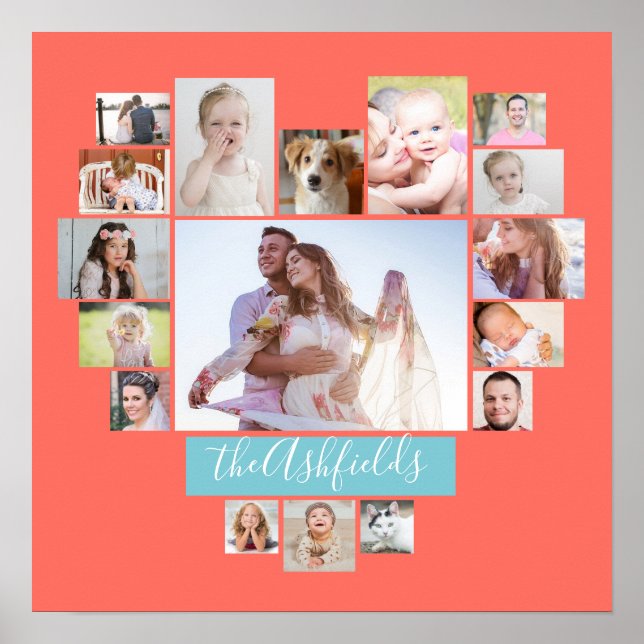 Family Photo Collage Heart 17 Bilder Namn Coral Poster (Framsidan)
