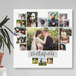 Family Photo Collage Heart 17 Bilder Namn White<br><div class="desc">Visning dina familjeminnen eller bröllop-minnen med den här vackra fotokollage som sträcks ut genom kanvas i vitt och grått med bilder i form av ett hjärta. Den här söta designen innehåller utrymme för 17 fotografier: 9 vågrät, 2 lodrät och 6 Instagram-stil kvadrat. Bilderna justeras automatiskt för att skapa hjärtformen (t.ex....</div>