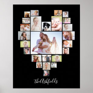 Family Photo Collage Heart 25 Bilder Namn Black Poster