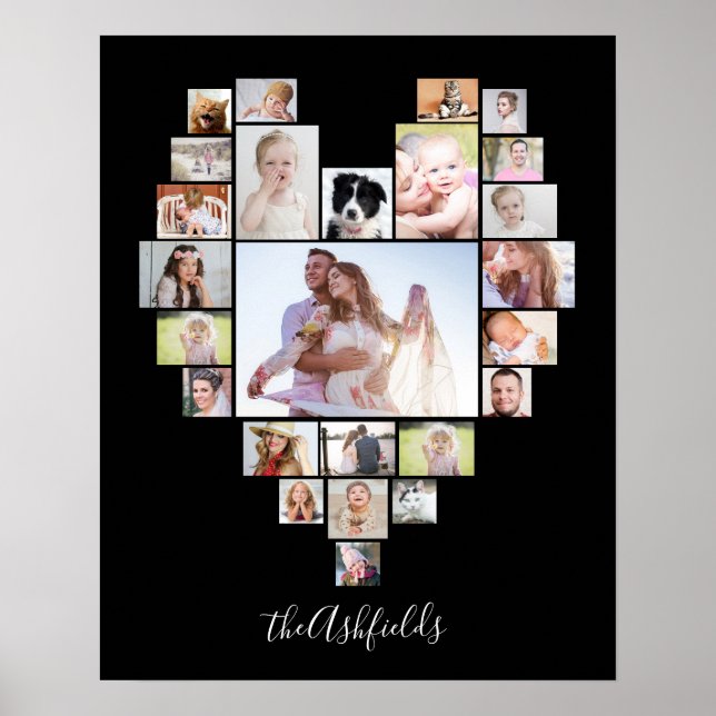 Family Photo Collage Heart 25 Bilder Namn Black Poster (Framsidan)