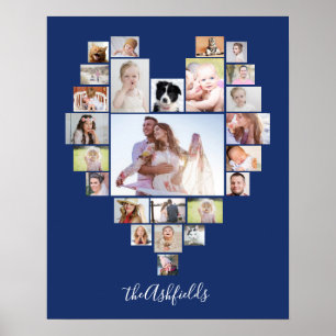 Family Photo Collage Heart 25 Bilder Namn Blue Poster
